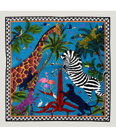 Pañuelo de seda Jungle Blue de Ortigia con estampado de jungla y animales exóticos