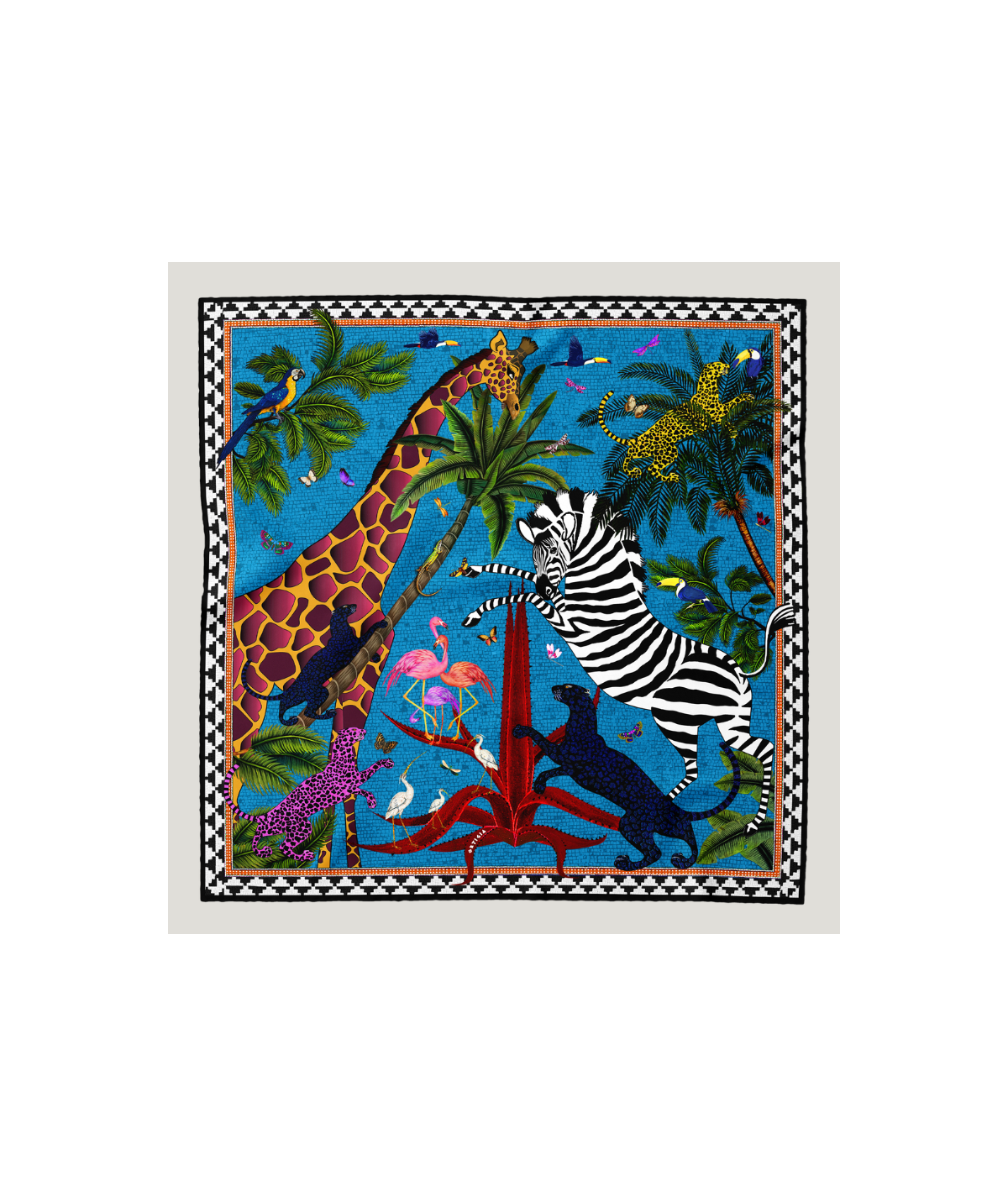 Pañuelo de seda Jungle Blue de Ortigia con estampado de jungla y animales exóticos