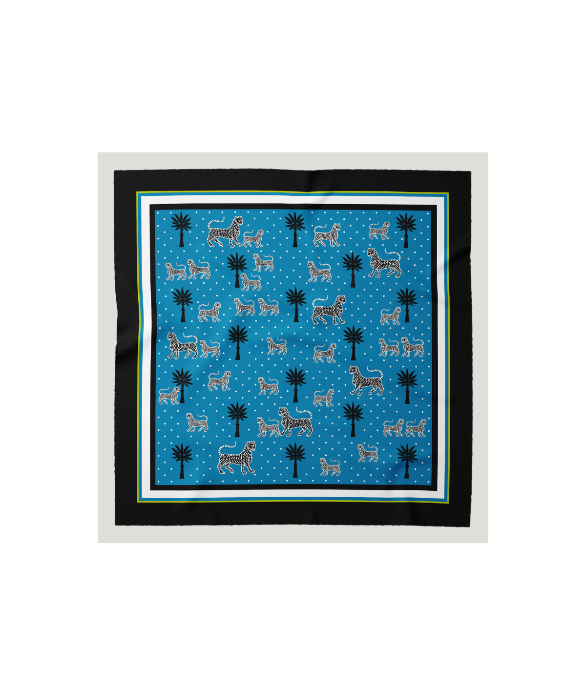 Pañuelo de seda Azul de Ortigia con estampado de palmeras y leopardos exóticos