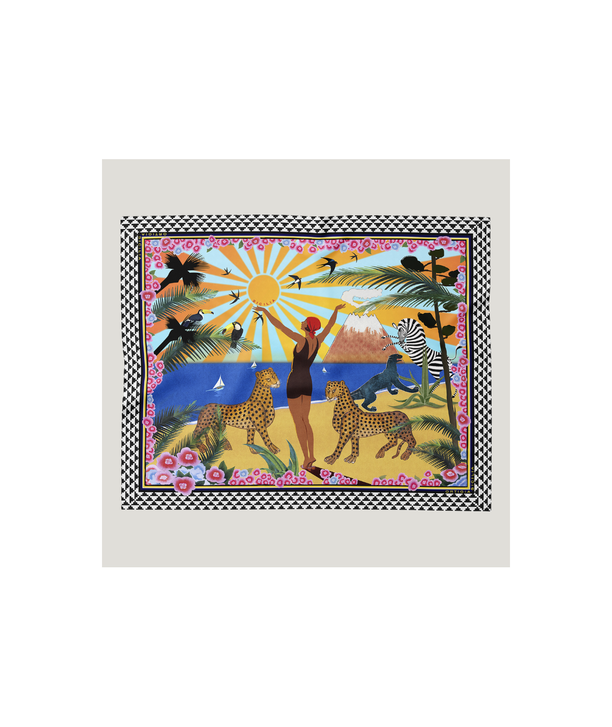 Pañuelo de algodón Sicilia de Ortigia con estampado inspirado en el Mediterráneo con animales exóticos.
