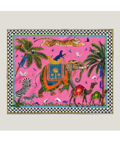 Pañuelo de algodón Tigre Volado Rosa de Ortigia con estampado de jungla y animales exóticos.