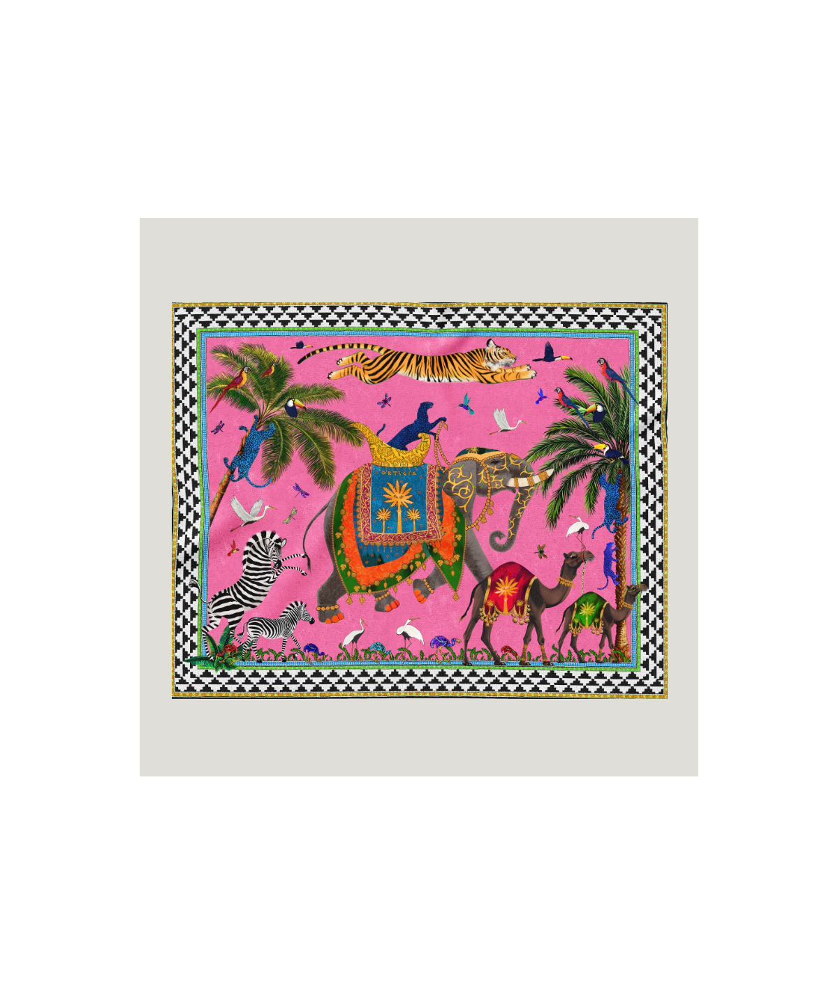 Pañuelo de algodón Tigre Volado Rosa de Ortigia con estampado de jungla y animales exóticos.